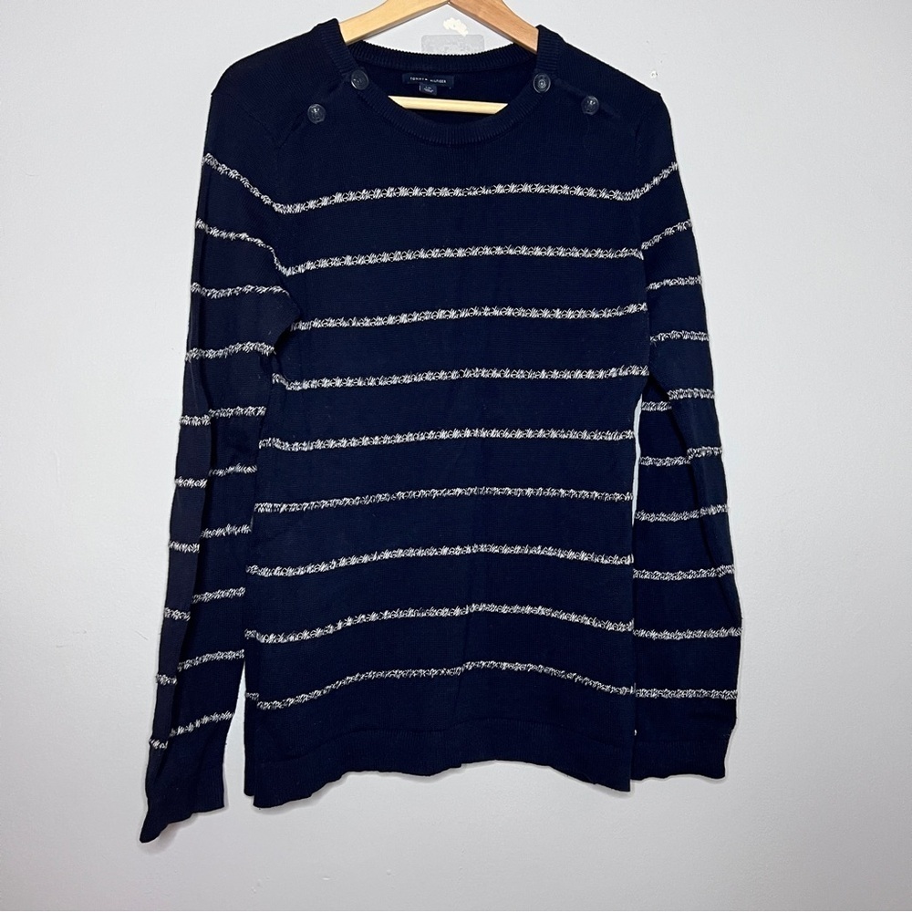Women’s Tommy Hilfiger Sweater Navy w/Wht Stripes Cotton Size L in EUC